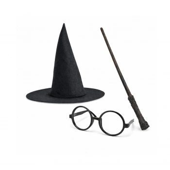 Harry Potter Tarzı Çocuk Seti - Siyah Keçe Şapka, Asa, Gözlük