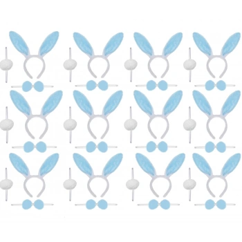 Mavi Tavşan Kostüm Seti – Taç Papyon Ponpon 12 li Paket