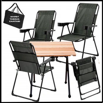 Uyguna-Yakala 130 KG Taşıma Haki 4 Adet Katlanır Kamp Sandalyesi ve Masa Seti -Taşıma Çantalı - TAB.280