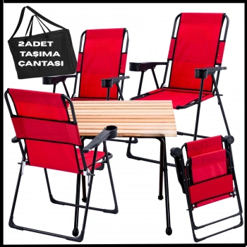Uyguna-Yakala 130 KG Taşıma Kırmızı  4 Adet Katlanır Kamp Sandalyesi ve Masa Seti -Taşıma Çantalı - TAB.281