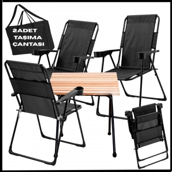 Uyguna-Yakala 130 KG Taşıma Siyah  4 Adet Katlanır Kamp Sandalyesi ve Masa Seti -Taşıma Çantalı - TAB.283
