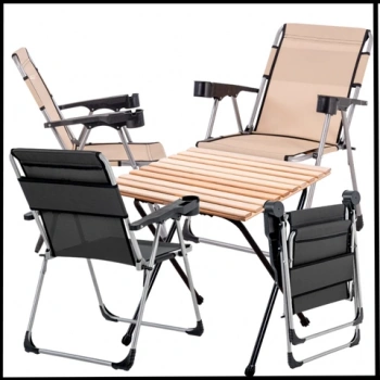Uyguna-Yakala 140 KG  Bej/Antrasit 4 Adet Katlanır Kamp Sandalyesi ve Masa Seti  - Bardaklıklı -A02/A29