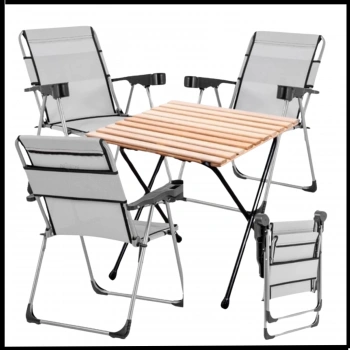 Uyguna-Yakala 140 KG Kül Gri 4 Adet Katlanır Kamp Sandalyesi ve Masa Seti - Bardaklıklı - C-A14