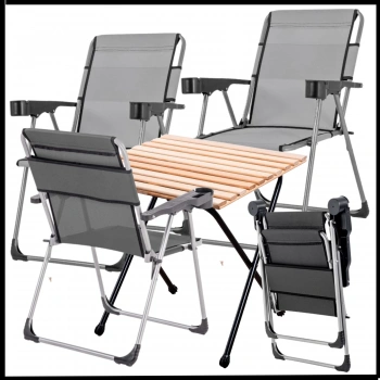 Uyguna-Yakala 140 KG Kül Gri / Antrasit 4 Adet Katlanır Kamp Sandalyesi ve Masa Seti  - Bardaklıklı -A14/A29