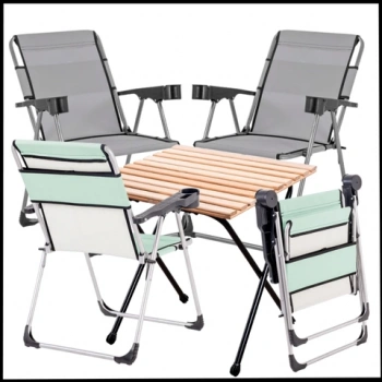 Uyguna-Yakala 140 KG  Kül Gri / Su Yeşili 4 Adet Katlanır Kamp Sandalyesi ve Masa Seti  - Bardaklıklı -A14/A03