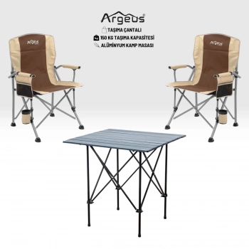 Uyguna-Yakala 2 Adet Katlanır Kamp Sandalyesi ve Alüminyum Masa Seti - Rustic Dark - Kum