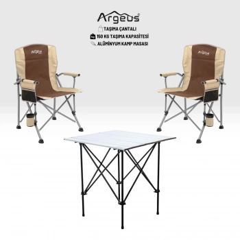 Uyguna-Yakala 2 Adet Katlanır Kamp Sandalyesi ve Alüminyum Masa Seti - Rustic Silver - Kum