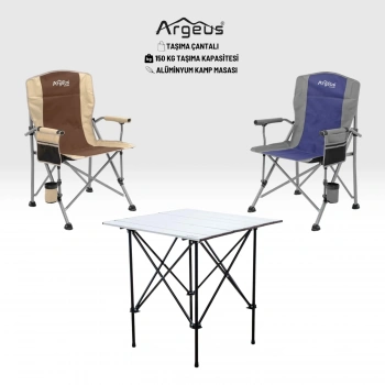 Uyguna-Yakala 2 Adet Katlanır Kamp Sandalyesi ve Alüminyum Masa Seti - Rustic Silver -Kum/Mavi