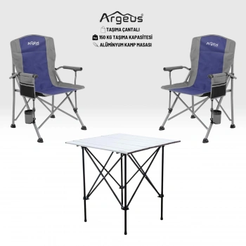Uyguna-Yakala 2 Adet Katlanır Kamp Sandalyesi ve Alüminyum Masa Seti - Rustic Silver - Mavi