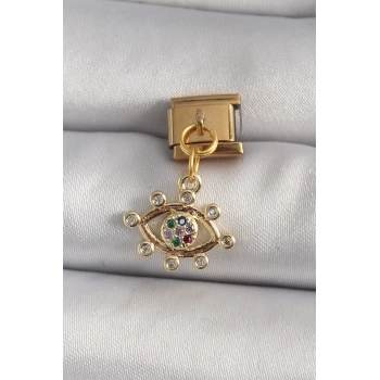 Uyguna-Yakala 316L Çelik Gold Renk Sallantı Zirkon Taşlı Göz Model Nomination Charm - TJ-BC1195