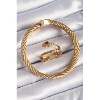 Uyguna-Yakala 316L Çelik Gold Renk Sarmal Model Erkek Bileklik Yüzük Kombini - TJ-EB3688