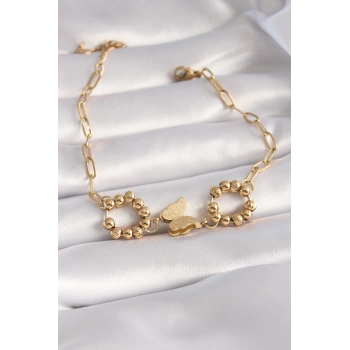 Uyguna-Yakala 316L Çelik Gold Renk Simli Kelebek Figür Kadın Bileklik - TJ-BB5944