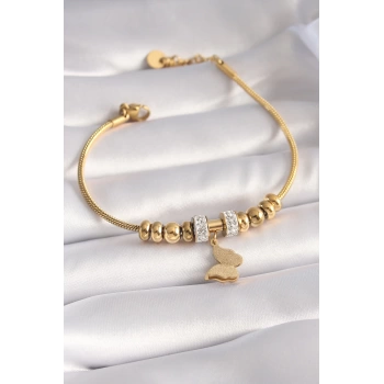 Uyguna-Yakala 316L Çelik Gold Renk Zirkon Taşlı Simli Kelebek Figür Kadın Bileklik - TJ-BB5952