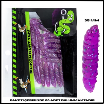 Uyguna-Yakala 35mm - 20 Adet Mor Sarımsak Kokulu Silikon Kurt Yem - UV - Alabalık Yemi-1071-PR-G