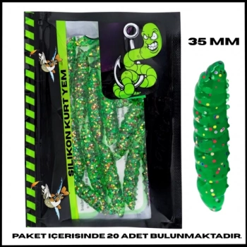 Uyguna-Yakala 35mm - 20 Adet Orman  Sarımsak Kokulu Silikon Kurt Yem - UV - Alabalık Yemi-1071-CG-G