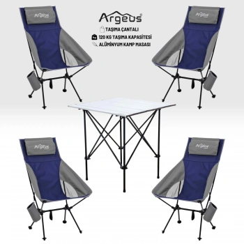 Uyguna-Yakala 4 Adet Katlanır Kamp Sandalyesi ve Alüminyum Masa Seti - Aero Silver - Mavi