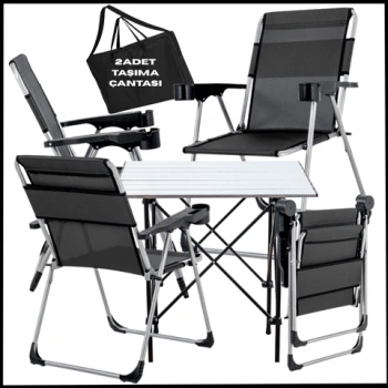 Uyguna-Yakala Antrasit - Taşıma Çantalı 4 Adet Katlanır Kamp Sandalyesi ve Alüminyum Masa Seti -A29-ALUG