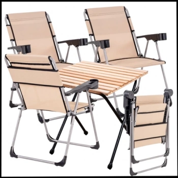 Uyguna-Yakala  Bej 140 KG Taşıma 4 Adet Katlanabilir Kamp Sandalyesi ve Masa Seti  Bardaklıklı - RC-A02