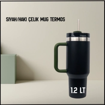 Uyguna-Yakala 1.2 lt - Siyah/Haki  Çelik Mug Termos-ERM.183