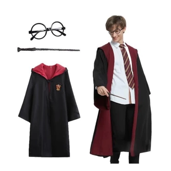 Uyguna-Yakala Harry Potter Gryffindor Kapişonlu Çocuk Kostüm + Asa + Gözlük Seti 11-12 Yaş