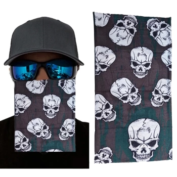 Uyguna-Yakala Kahve Yeşil Renk Üzeri Likralı Çoklu Kafatası Baskılı Baf Buff Bandana 25x48 cm