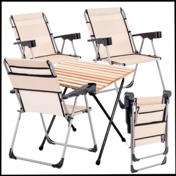 Uyguna-Yakala Kapadokya - 140 KG Taşıma 4 Adet Katlanabilir Kamp Sandalyesi ve Masa Seti   Bardaklıklı - RC-A18