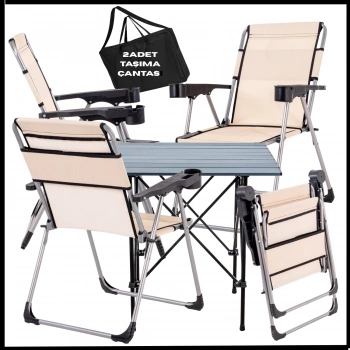 Uyguna-Yakala Kapadokya  - Taşıma Çantalı 4 Adet Katlanır Kamp Sandalyesi ve Alüminyum Masa Seti -A18-ALUA