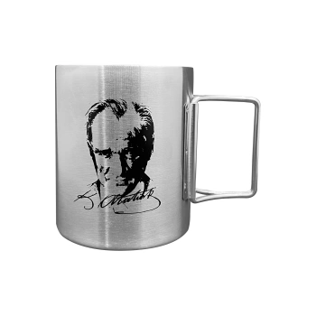 Uyguna-Yakala Katlanabilir Saplı Çelik Kupa Bardak - Orcamp - 180 ml - Atatürk (OUT-1800)