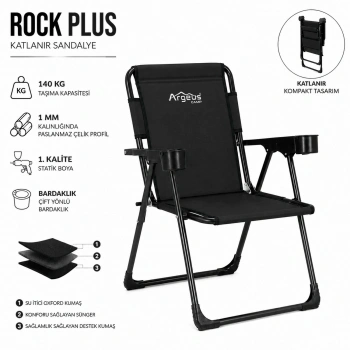 Uyguna-Yakala Katlanır Piknik ve Kamp Sandalyesi - Bardaklıklı - Rock Plus - Siyah