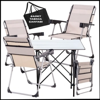 Uyguna-Yakala Kestane - Taşıma Çantalı 4 Adet Katlanır Kamp Sandalyesi ve Alüminyum Masa Seti -A22-ALUG