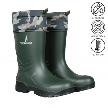 Uyguna-Yakala Konçlu PU Kısa Avcı Çizmesi - Su Geçirmez - Kaymaz Taban - Thermoking - Balıkçı Çiftçi Çizme