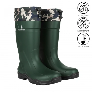 Uyguna-Yakala Konçlu PU Uzun Avcı Çizmesi - Su Geçirmez - Kaymaz Taban - Thermoking - Balıkçı Çiftçi Çizme
