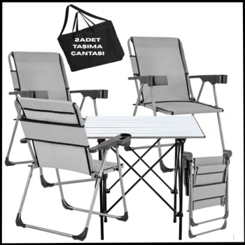 Uyguna-Yakala   Kül Gri- Taşıma Çantalı 4 Adet Katlanır Kamp Sandalyesi ve Alüminyum Masa Seti -A14-ALUG