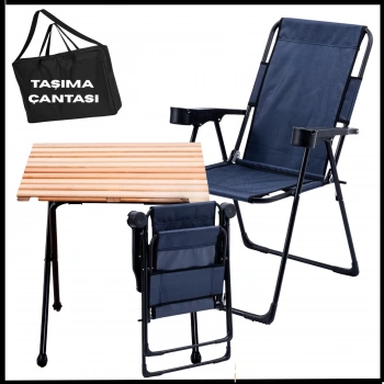 Uyguna-Yakala Lacivert -130 KG Taşıma 2 Adet Katlanır Kamp Sandalyesi ve Masa Seti Taşıma Çantalı - TAB.278