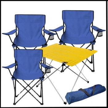 Uyguna-Yakala  Lacivert/Sarı- Plaj Sandalyesi 4 Adet Katlanır Kamp Sandalyesi ve Masa Seti -TAB.289