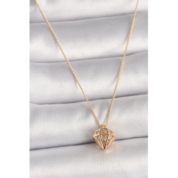 Uyguna-Yakala Pirinç Gold Renk 3D Zirkon Taşlı Elmas Model Kadın Kolye - TJ-BKO9829
