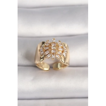 Uyguna-Yakala Pirinç Gold Renk Ayarlanabilir Baget Zirkon Taş Kadın Yüzük - TJ-BYK3598