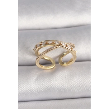 Uyguna-Yakala Pirinç Gold Renk Zirkon Taşlı Ayarlanabilir Kadın Yüzük - TJ-BYK3577