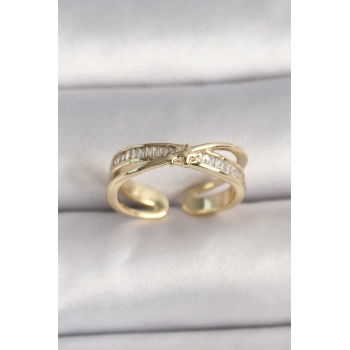 Uyguna-Yakala Pirinç Gold Renk Zirkon Taşlı Yıldız Detaylı Ayarlanabilir Kadın Yüzük - TJ-BYK3573