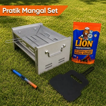 Uyguna-Yakala Pratik Mangal Set - Katlanabilir Mangal - Kömür - Çakmak - Yelpaze
