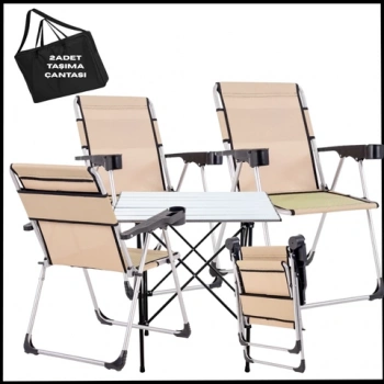 Uyguna-Yakala Sahra 140 KG Taşıma 4 Adet Katlanabilir Kamp Sandalyesi ve Masa Seti  Bardaklıklı -A12-ALUG