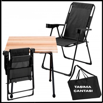 Uyguna-Yakala Siyah-130 KG Taşıma 2 Adet Katlanır Kamp Sandalyesi ve Masa Seti Taşıma Çantalı - TAB.279