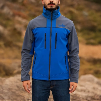 Uyguna-Yakala Su ve Rüzgar Geçirmez Softshell Mont - Lemigo - Mavi-Gri