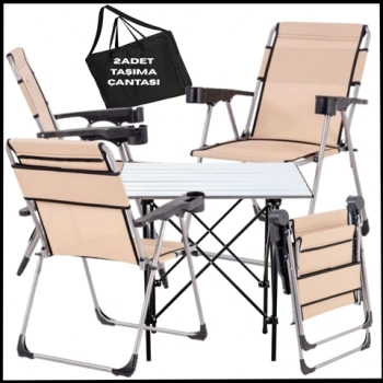 Uyguna-Yakala  Bej  - Taşıma Çantalı 4 Adet Katlanır Kamp Sandalyesi ve Alüminyum Masa Seti -A02-ALUG