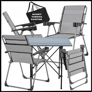 Uyguna-Yakala  Kül Gri - Taşıma Çantalı 4 Adet Katlanır Kamp Sandalyesi ve Alüminyum Masa Seti - A14-ALUA