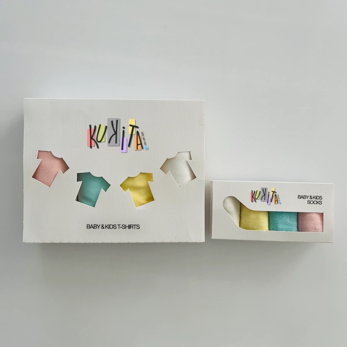 Kukita Kız-Erkek 4lü Organik Kaydırmaz Tabanlı Çorap ve Kukita Kız-Erkek 4lü Basic Tişört Seti Kuki09