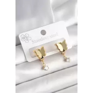316L Çelik Gold Renk Sallantı Zirkon Taş Detaylı Simli Kelebek Model Kadın Küpe - TJ-BKP10420
