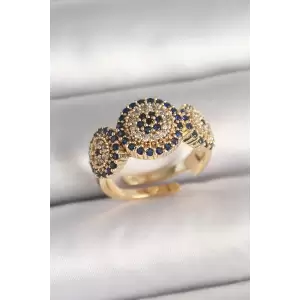 Pirinç Gold Renk Zirkon Taşlı Nazar Boncuk Model Ayarlanabilir Model Kadın Yüzük - TJ-BYK3698