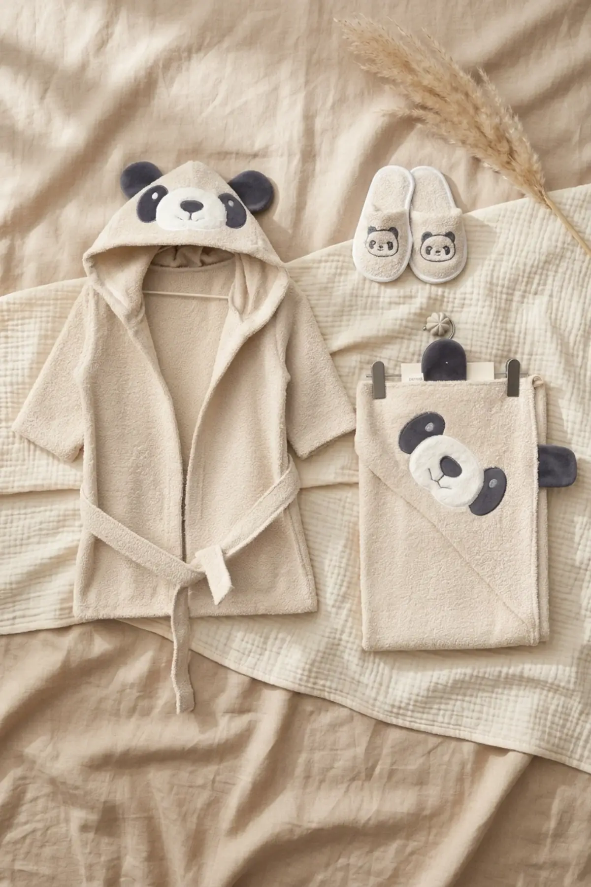 Sevimli Gülen Panda Figürlü Bamboo Bebek Bornoz Seti 0-2 Yaş Kutulu