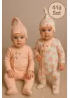 Çiçek Desenli % 100 Pamuk Kız Bebek 4lü Tulum Takımı